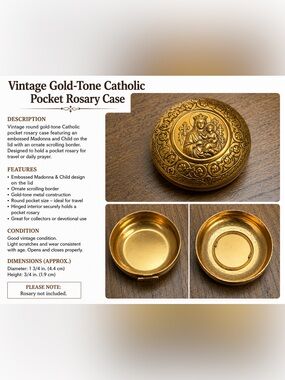 Vintage Gold-Tone Catholic Pocket Rosary Case Madonna & Child Round Travel